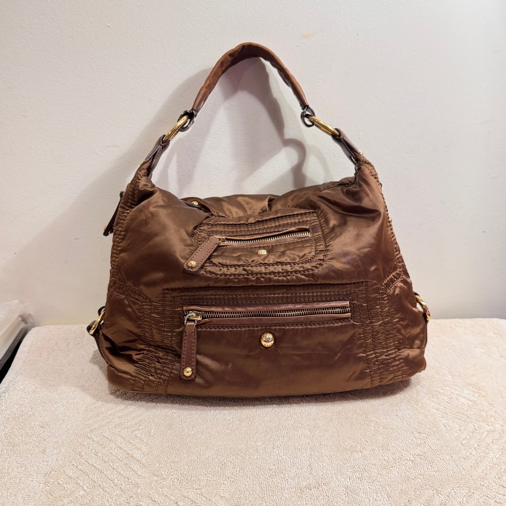 Tod's Women's Brown Nylon Leather Hobo Zip Pockets Gold Tone Shoulder Bag Y2K